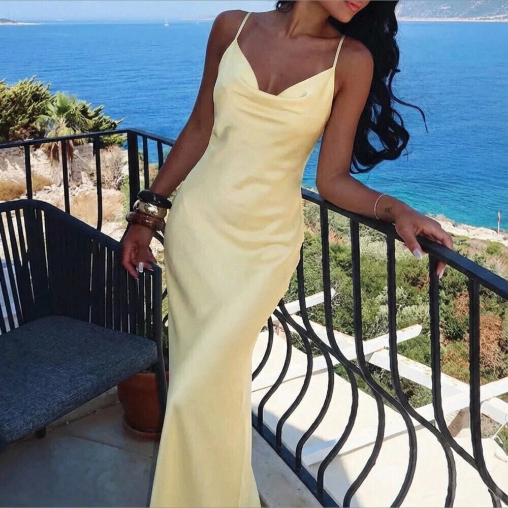 Pale Yellow Satin Cowl Neck Spaghetti Strap Maxi Dress - Picture 8 of 9